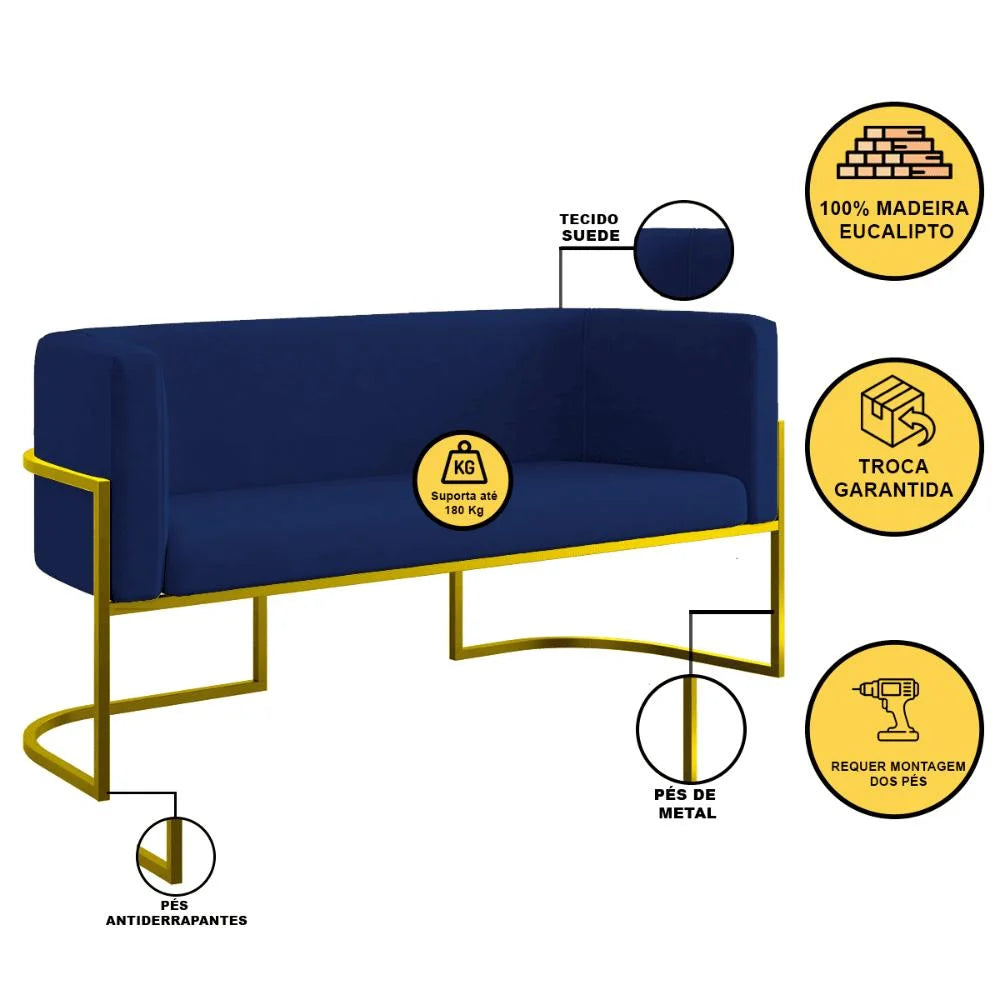 Kit 2 Poltronas e Sofá 2 Lugares para Recepção Balaqui Suede Azul Marinho
