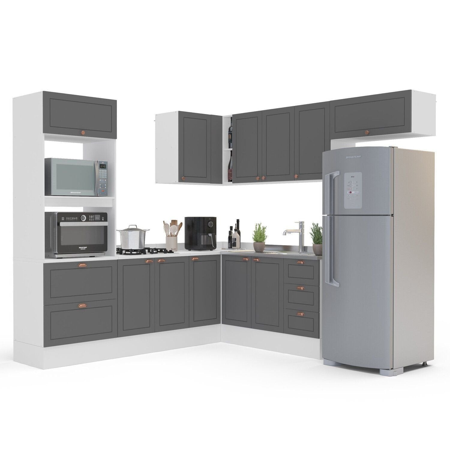 Cozinha Completa Modulada 8 Peças com Rodapé Pérola Yescasa Cinza/Branco