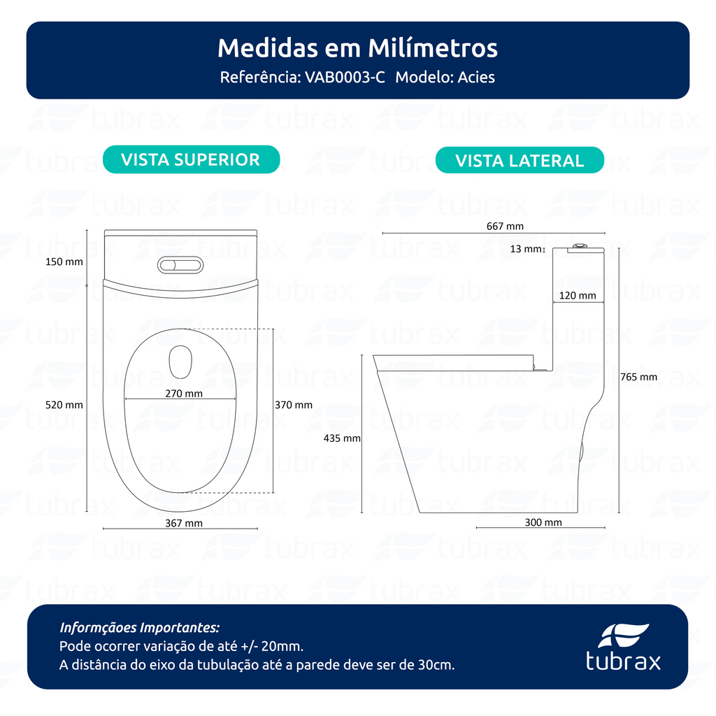 Vaso Sanitário Monobloco Cerâmica Modelo Acies Tubrax Branco VAB0003