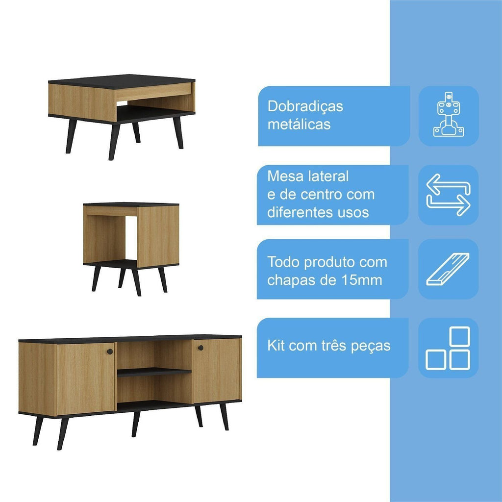 Kit 3 Peças com Rack para TV até 55 Polegadas, Mesa de Centro e Mesa de Apoio Tóquio Ozini
