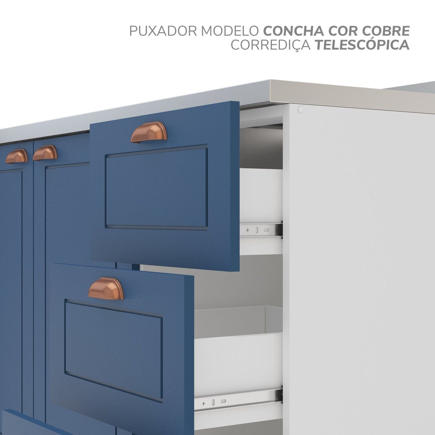 Cozinha Pérola Completa Torre Quente Aéreo 3 Portas Basculante Balcão 120 e 80 Yescasa Azul/Branco 270,2x219,4x52cm