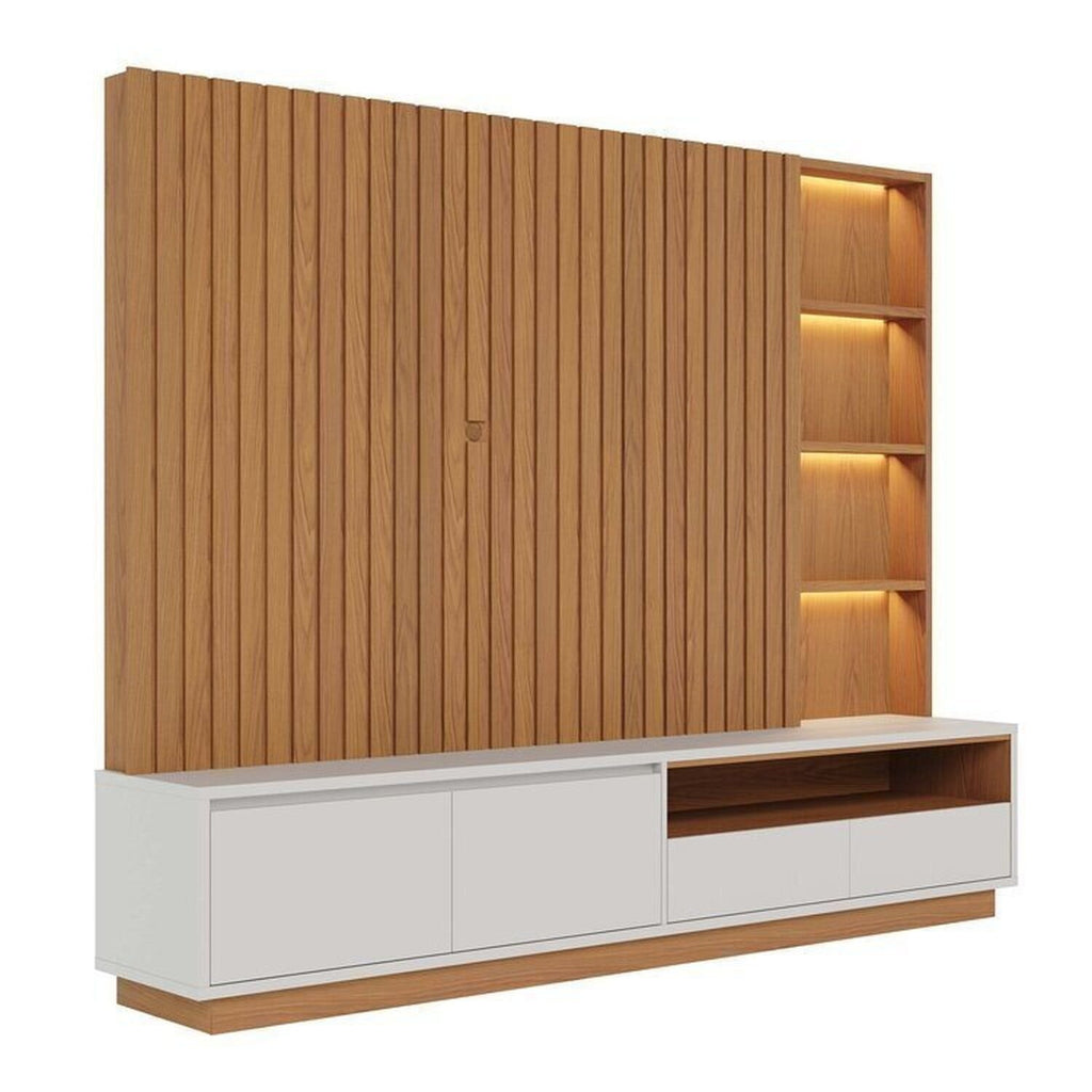 Conjunto Sala de Estar Home Theater Ripado para TV até 82 Polegadas 240cm com LED Cristaleira e Buffet 4 Portas Colibri Marrom Freijó/Off White Matte