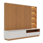 Conjunto Sala de Estar Home Theater Ripado para TV até 82 Polegadas 240cm com LED Cristaleira e Buffet 4 Portas Colibri Marrom Freijó/Off White Matte