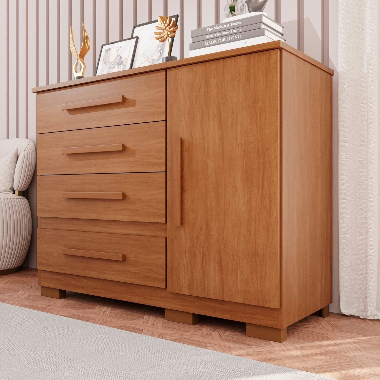 Cômoda para Quarto 1 Porta 4 Gavetas Pérola Espresso Móveis Marrom/Cinamomo
