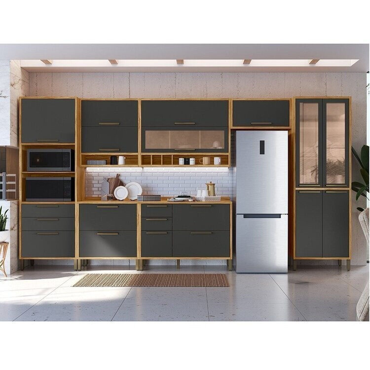 Cozinha Completa Modulada 100% MDF 7 Peças 14 Portas 6 Gavetas e Vidro 429cm Vicenza Espresso Móveis Cinza/Amêndoa/Chumbo
