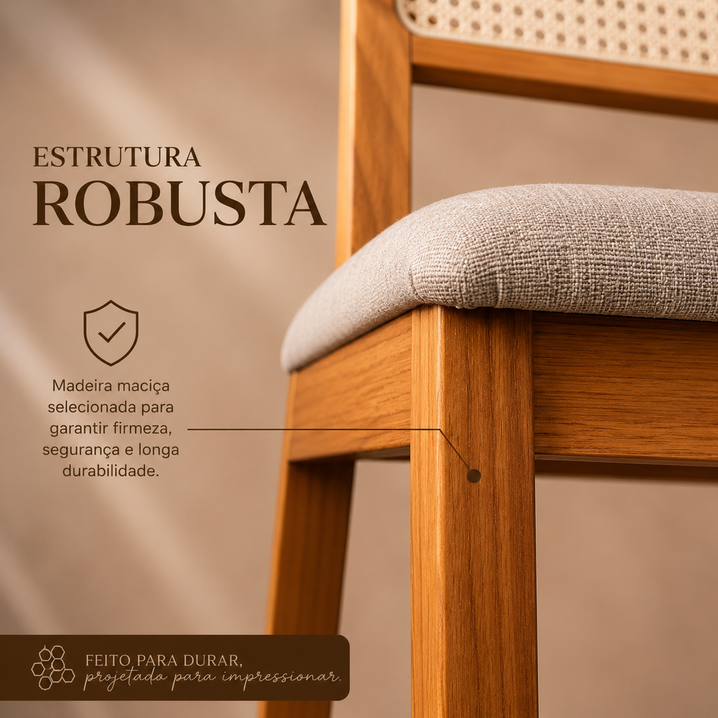 Kit 4 Cadeiras de Jantar Palha Estofada Linho Encosto em Tela Sextavada Rubi Madeira Maciça