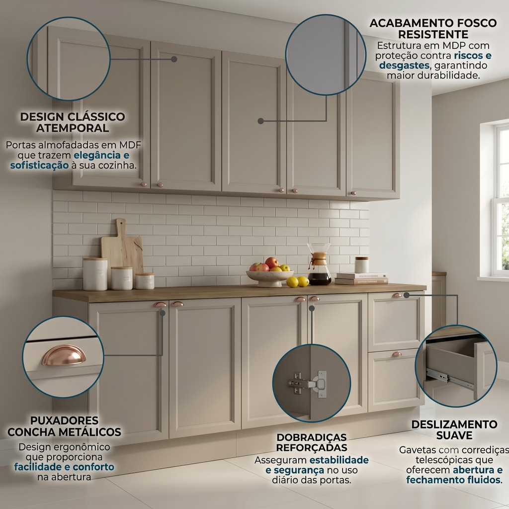 Cozinha Completa Modulada Americana 4 Peças com Balcão Tampo e 2 Gavetas Unna Yescasa