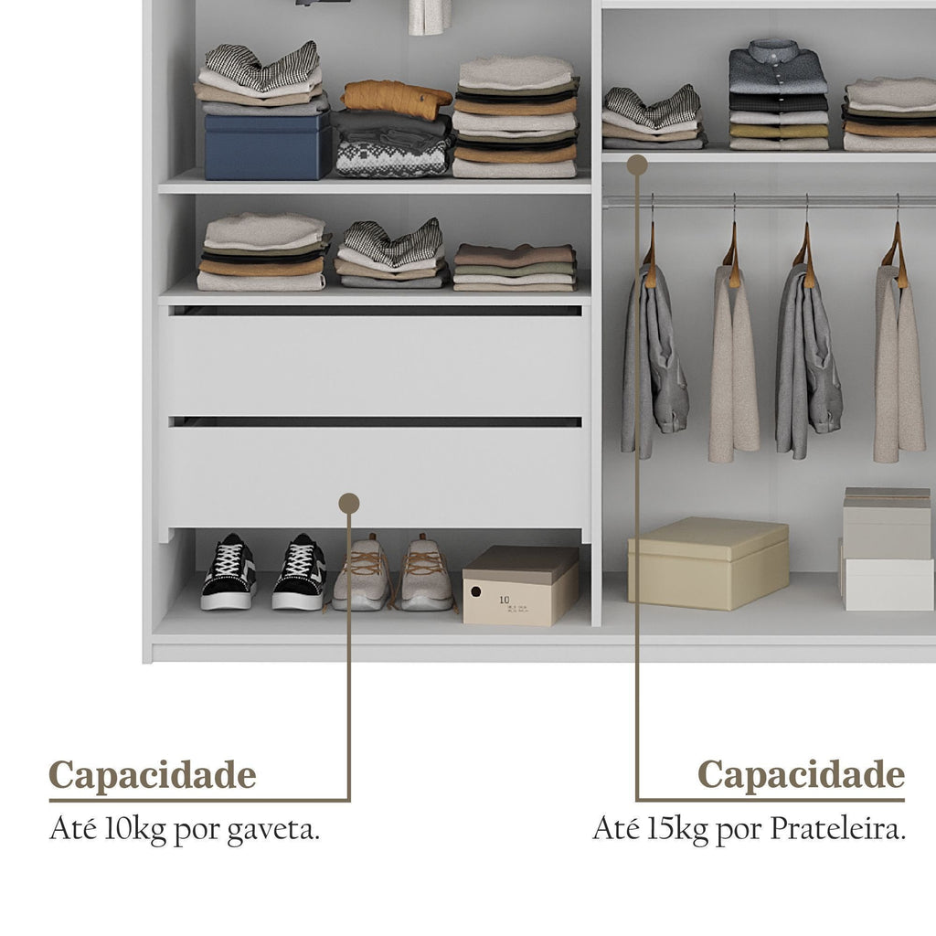 Guarda-Roupa Solteiro 2 Portas 1 Espelho 100% MDF Geneve RR Móveis Branco