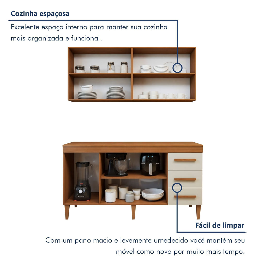 Cozinha Completa Modulada Atenas Kaiki Móveis 7 Portas 3 Gavetas Balcão Aéreo MDP Branco