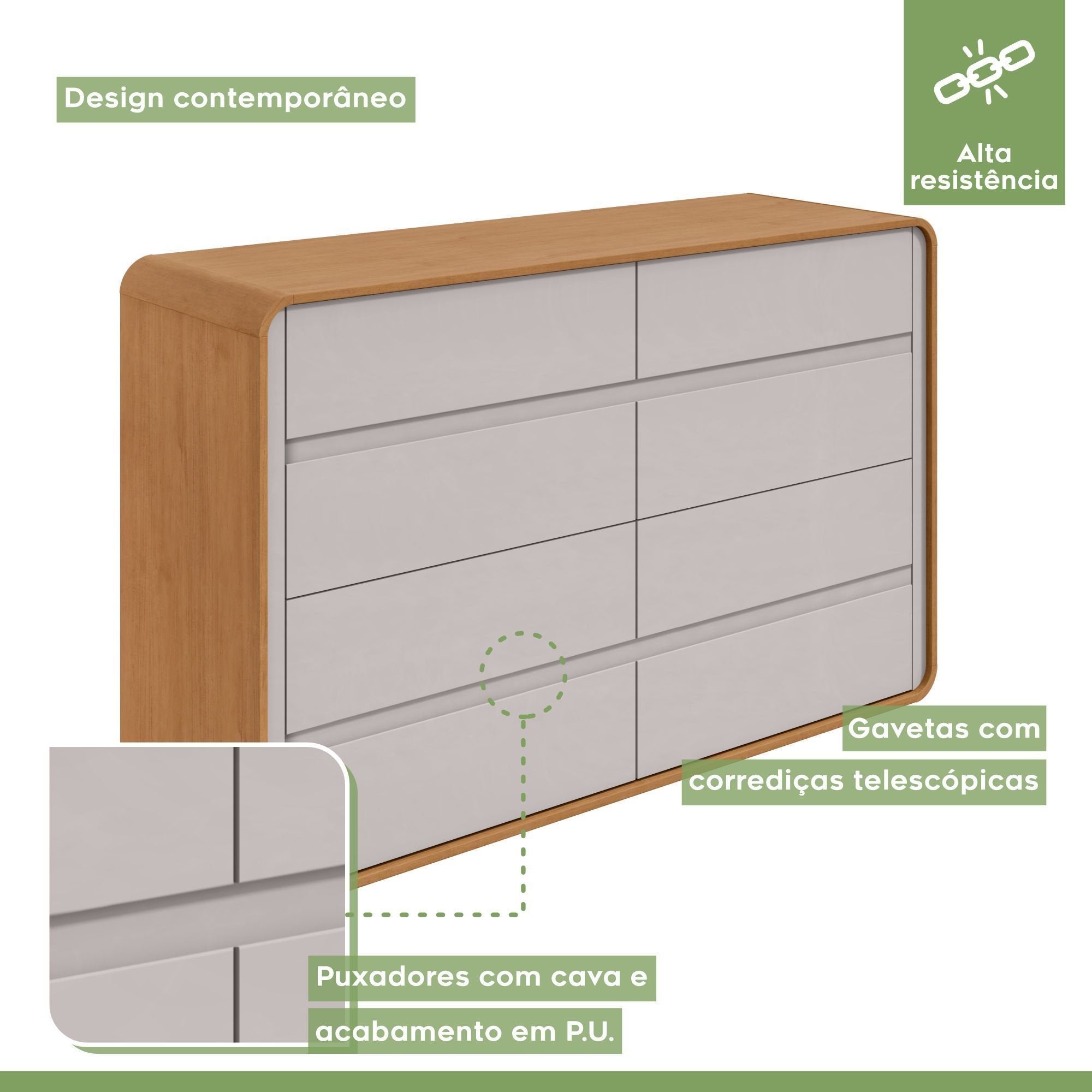 Kit Quarto Infantil com Cama Solteiro Corino e Cômoda 8 Gavetas Loop Móveis Lopas Bege Amêndoa Clean/Off White