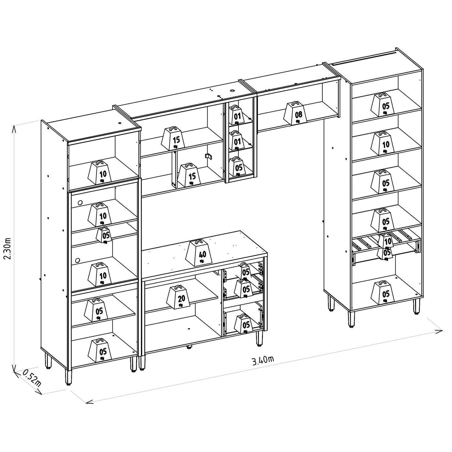 Cozinha Completa Modulada 5 Peças com Torre Quente e Cristaleira Allure Marrom/Jequitibá/Gris Fosco Linea Brasil