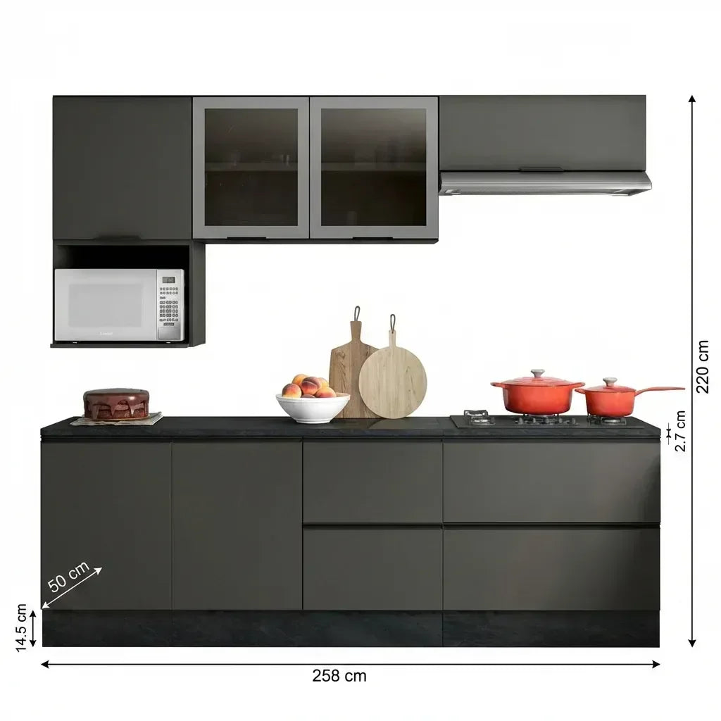 Cozinha Modulada Completa 7 Peças 7 Portas 4 Gavetas com Nicho para Micro-Ondas e Balcão com Tampo Etna Poliman Móveis Grafite Cinza