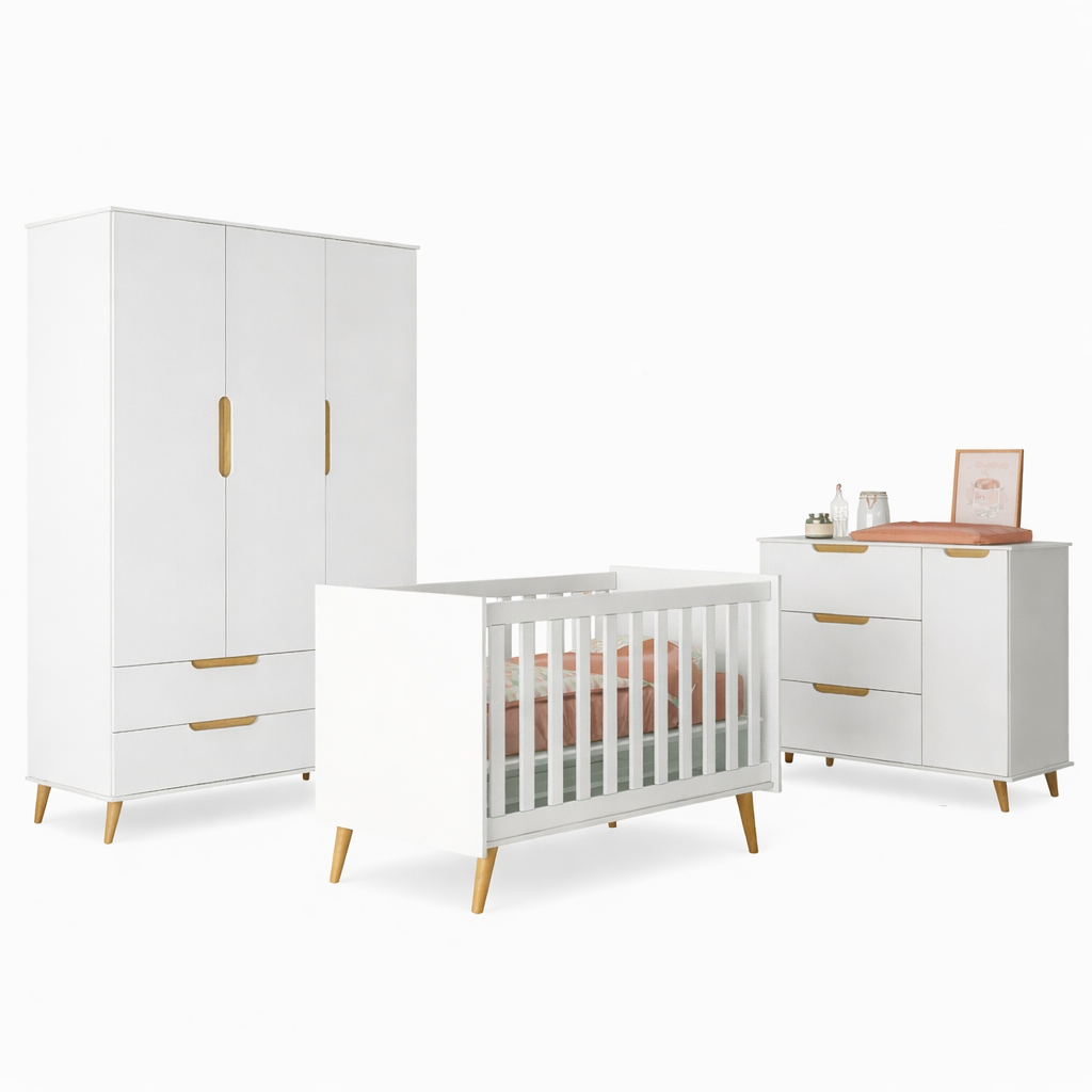 Quarto de Bebê Completo Retrô Melinda Mobili Berço 3 em 1 Cômoda e Guarda-Roupa