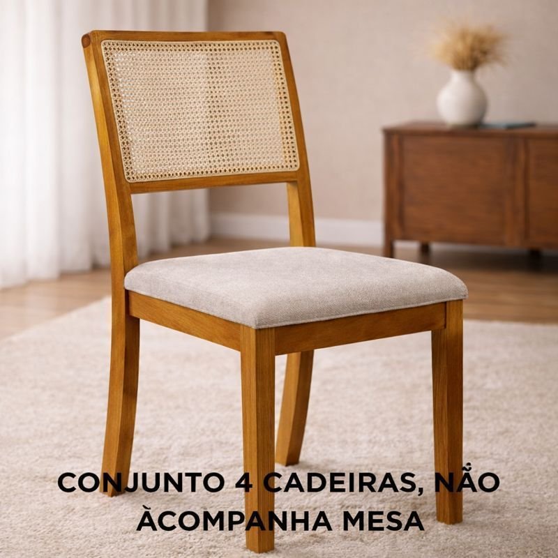 Kit 4 Cadeiras de Jantar Palha Estofada Linho Encosto em Tela Sextavada Rubi Madeira Maciça