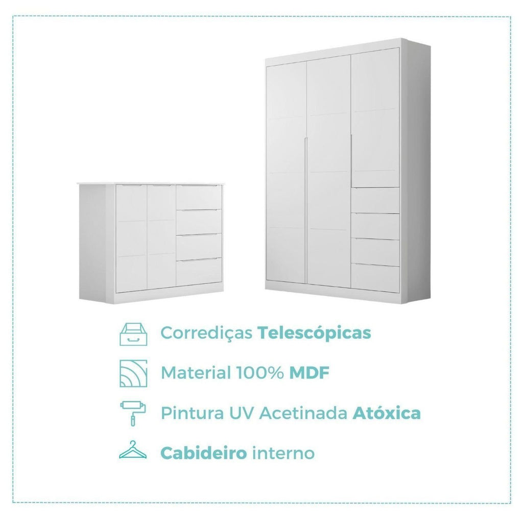 Quarto Infantil Completo Guarda-Roupa 3 Portas 4 Gavetas e Cômoda 4 Portas Eloá Branco Phoenix Baby