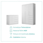 Quarto Infantil Completo Guarda-Roupa 3 Portas 4 Gavetas e Cômoda 4 Portas Eloá Branco Phoenix Baby