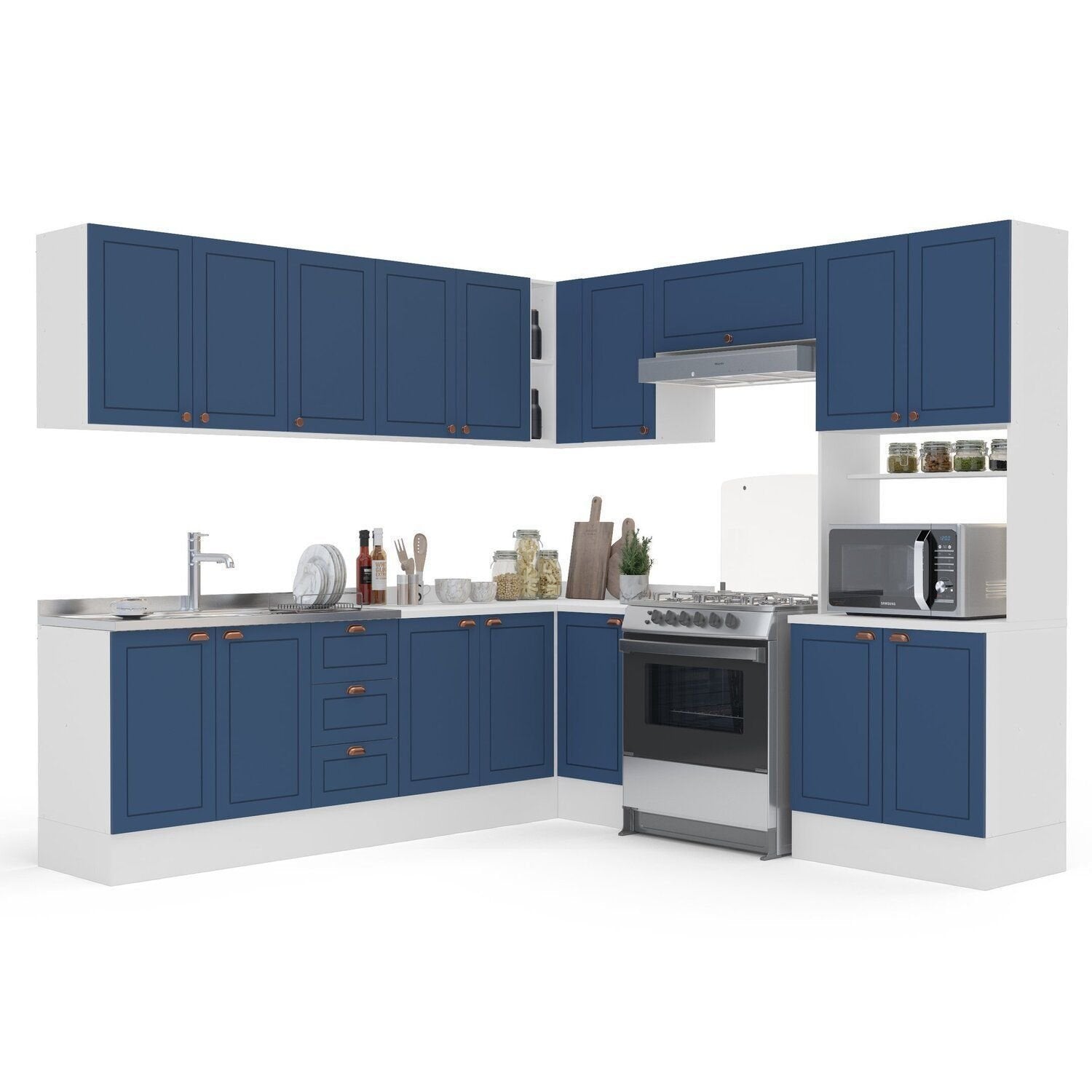 Cozinha Completa Modulada Pérola Yescasa 9 Peças Torre Quente Aéreo Balcão Basculante Canto Rodapé Branco/Azul