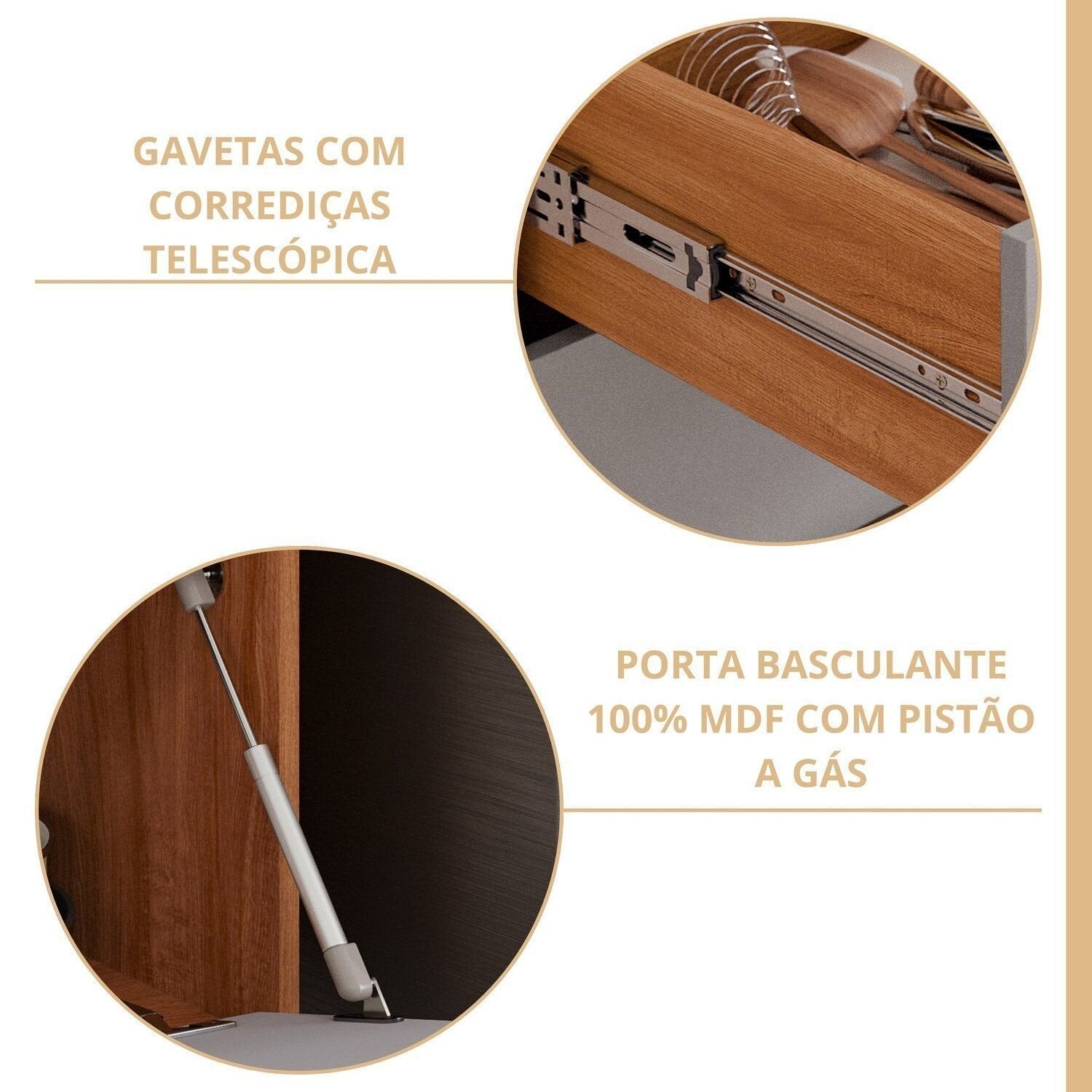 Cozinha Modulada 6 Peças Brilhante Cristaleira 2 Balcões 3 Armários Aéreos Bege/Cinamomo/Platina