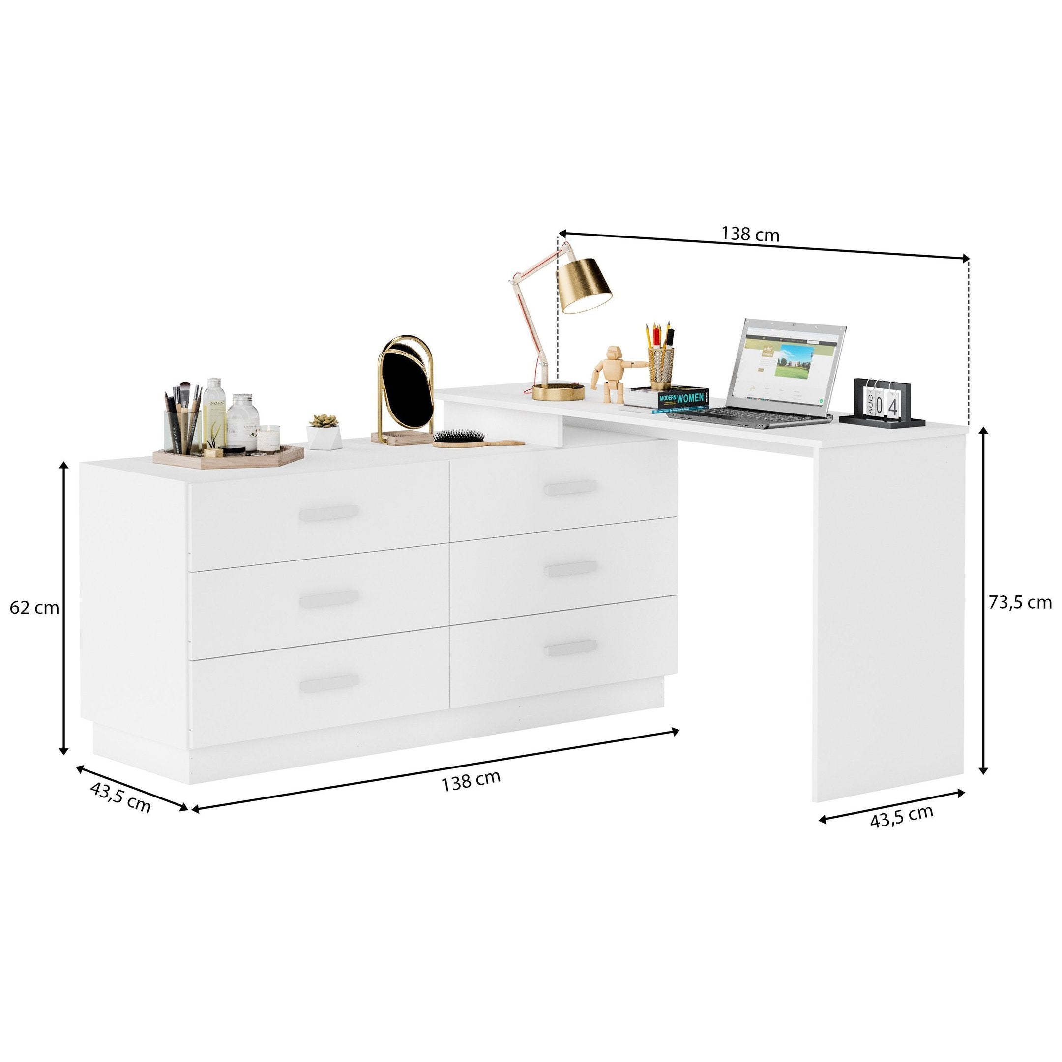 Escrivaninha Mesa Escritório em L com Cômoda Leonie 6 Gavetas 138cm Yescasa