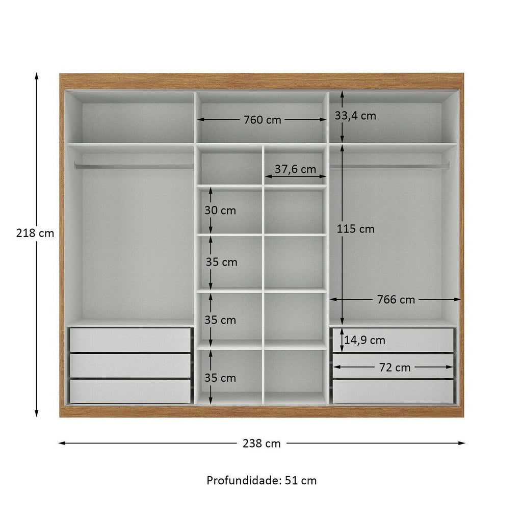 Guarda-Roupa Casal 3 Portas de Correr 6 Gavetas Spazio Yescasa 100% MDF Off White/Cinamomo