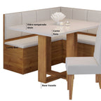 Conjunto Canto Alemão Baú com Mesa Retangular 120x80cm Tampo Vidro e 2 Cadeiras Yescasa