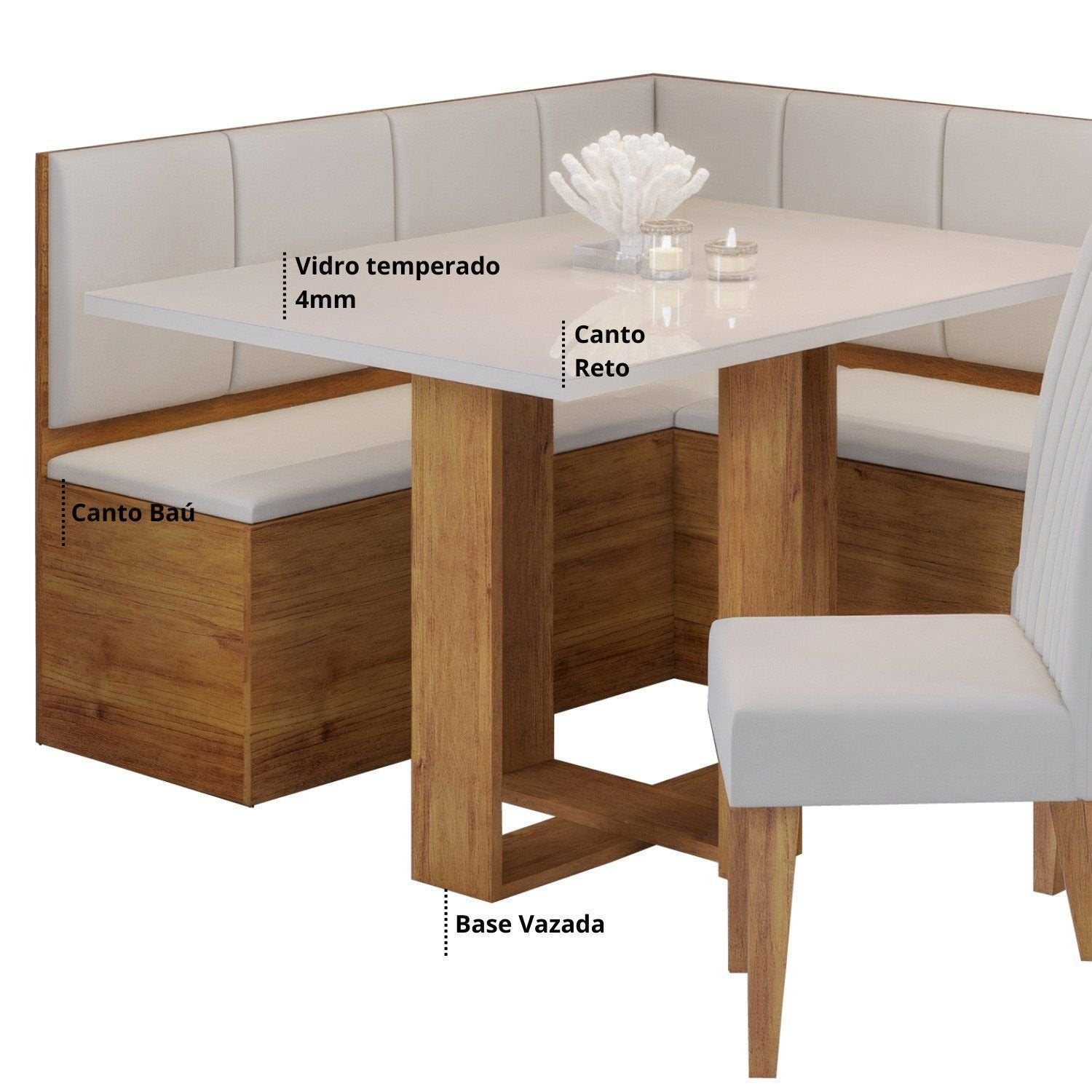 Conjunto Canto Alemão Baú com Mesa Retangular 120x80cm Tampo Vidro e 2 Cadeiras Yescasa