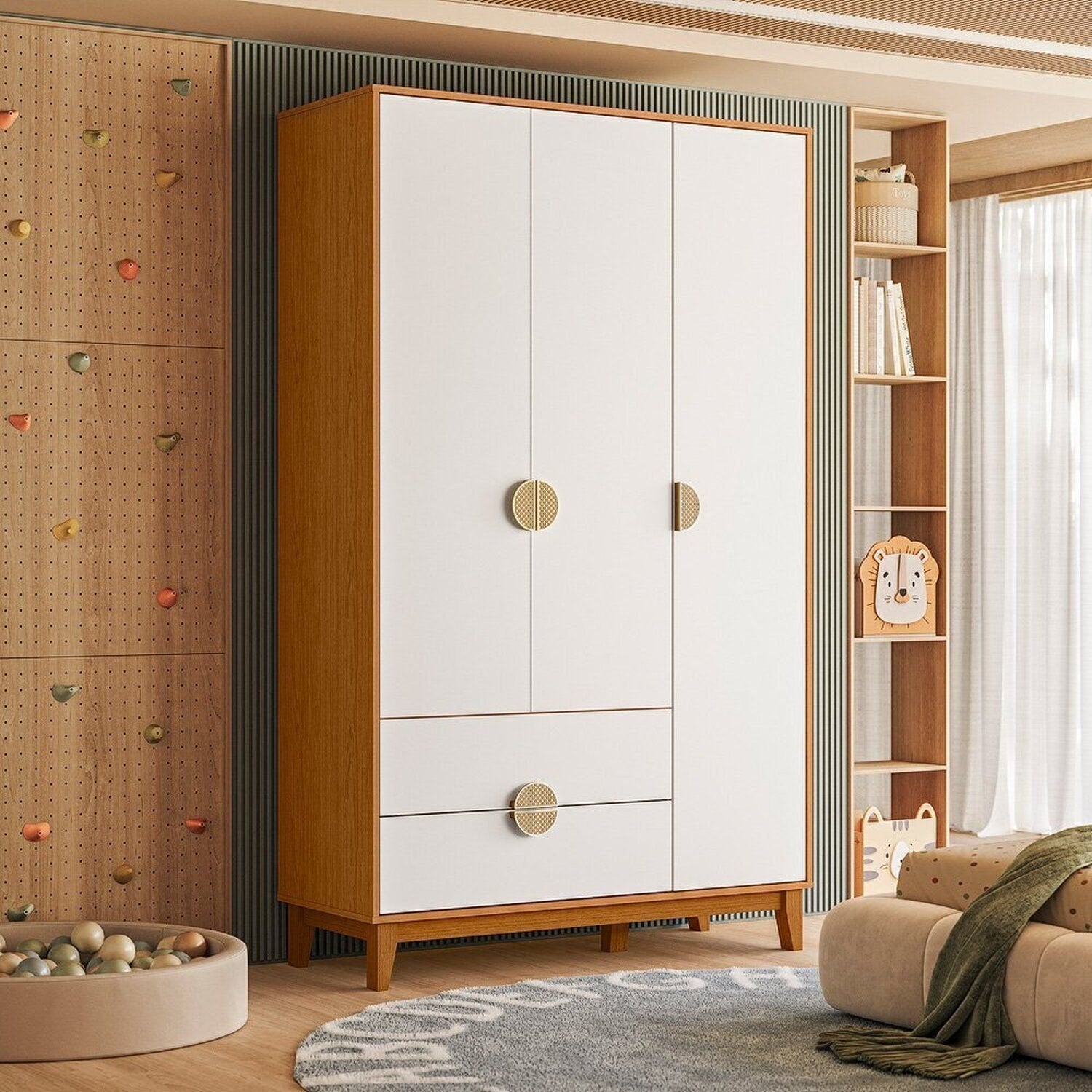 Conjunto Quarto Infantil Kid Guarda-Roupa 3 Portas e Cômoda Sapateira Mimo Albatroz Móveis MDF Cinamomo/Branco