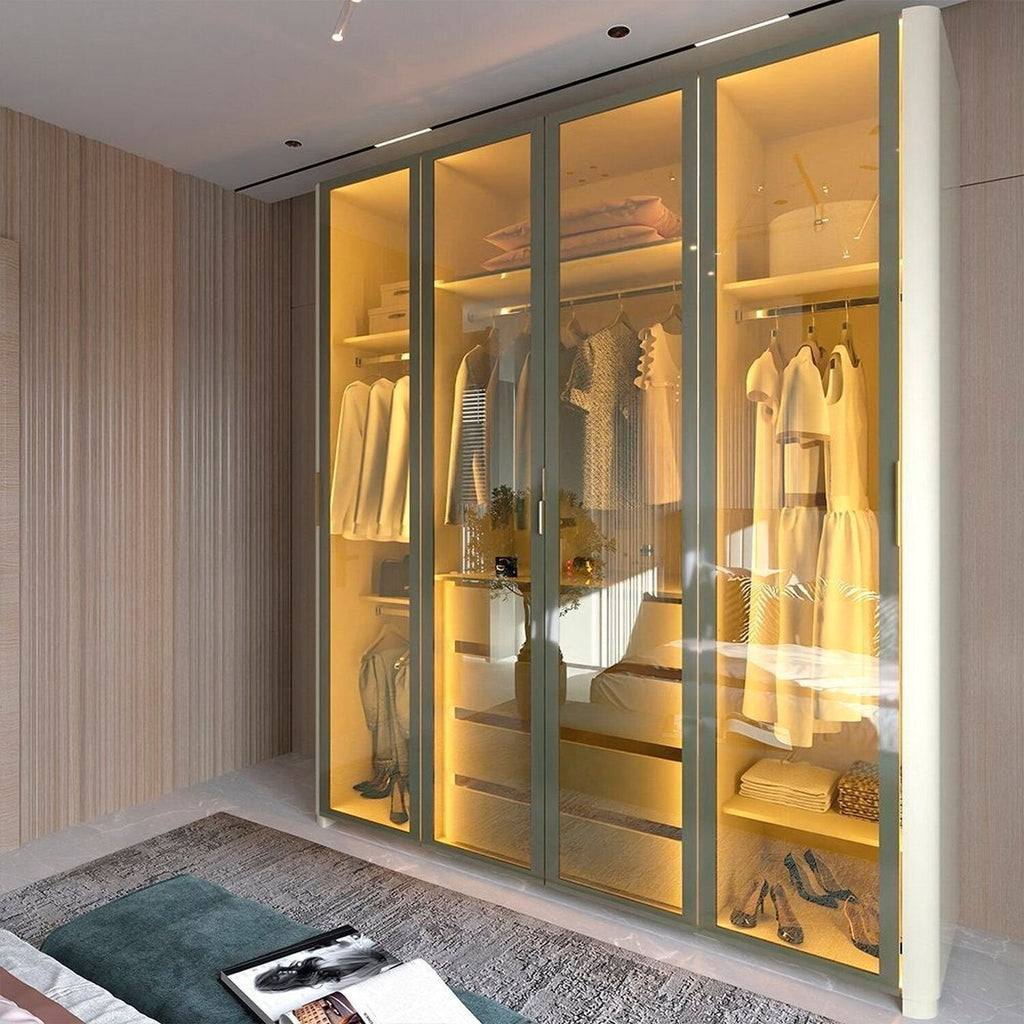 Guarda-Roupa Solteiro 4 Portas Reflecta com Pés e LED 100% MDF Innova Gelius Móveis Bege/Off White