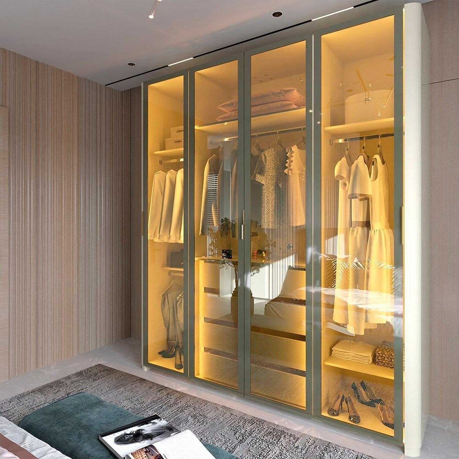 Guarda-Roupa Solteiro 4 Portas Reflecta com Pés e LED 100% MDF Innova Gelius Móveis Bege/Off White