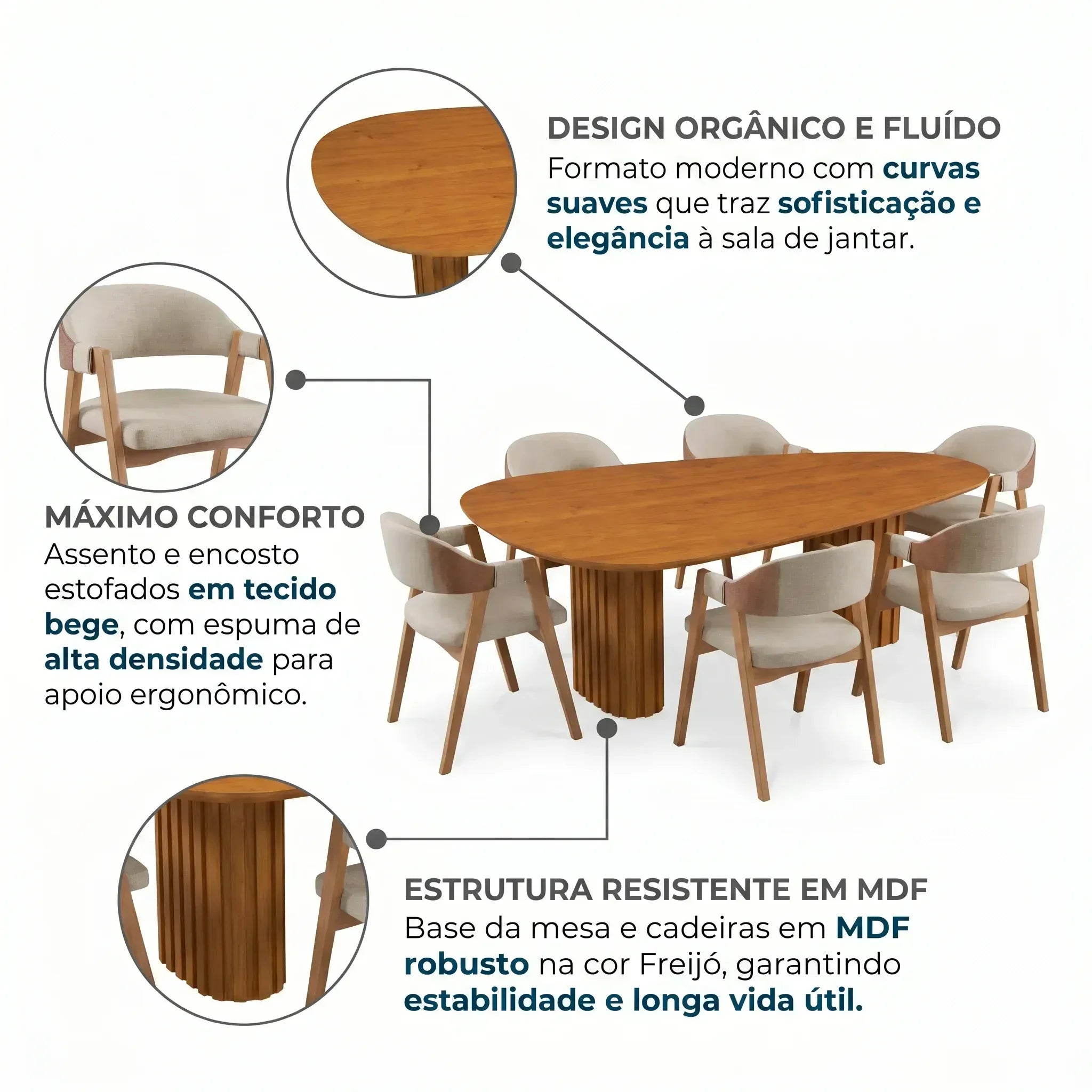 Conjunto Mesa de Jantar Orgânica 200cm com Cadeiras Estofadas Gaia Yescasa Bege/Freijó