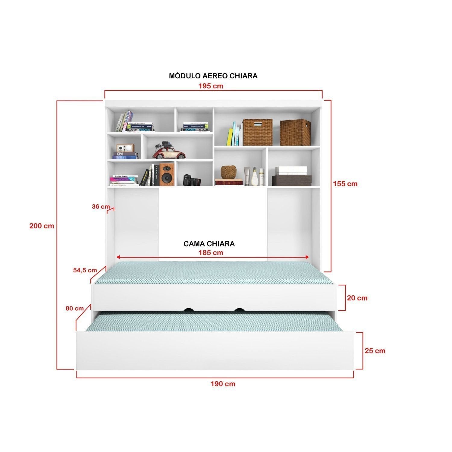 Quarto Completo Solteiro Juvenil 4 Peças com Guarda-Roupa e Bicama Modulado Chiara Phoenix Baby