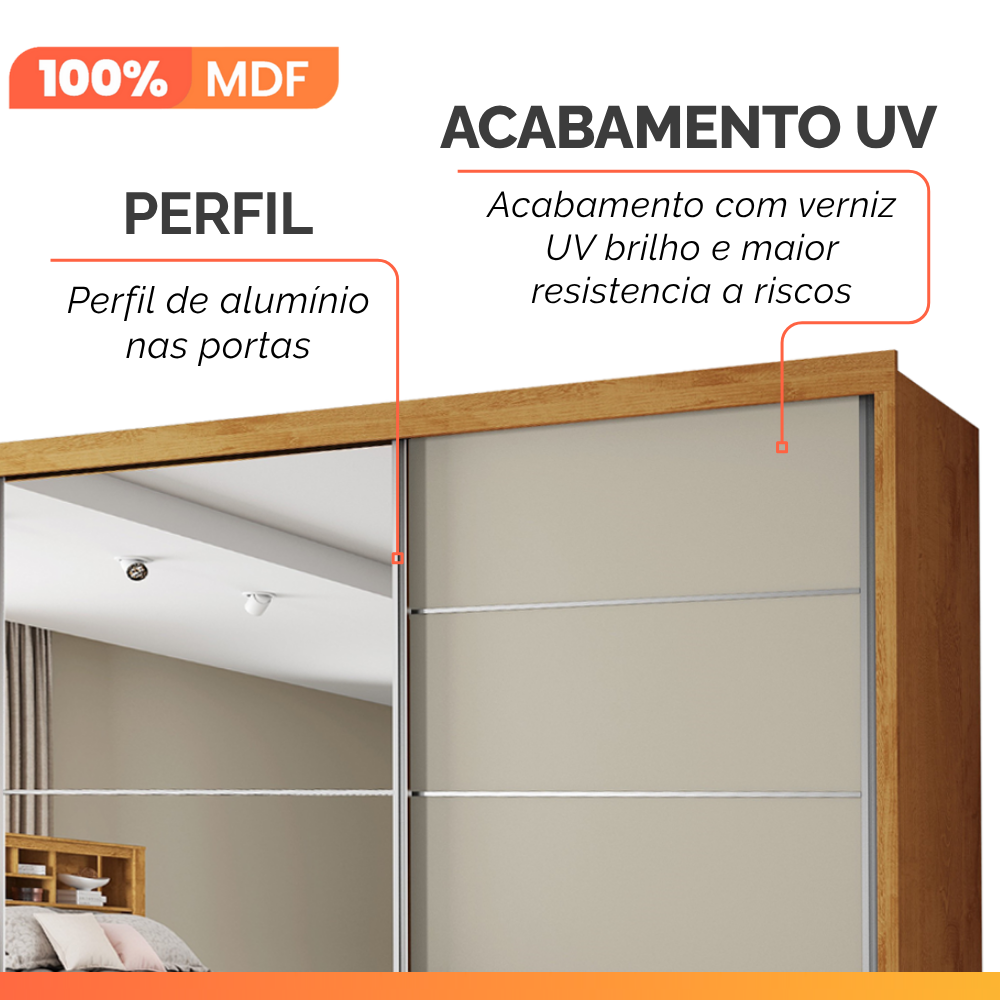 Guarda-Roupa Casal 2 Portas de Correr com Espelho 4 Gavetas Flex 100% MDF Europa Áustria