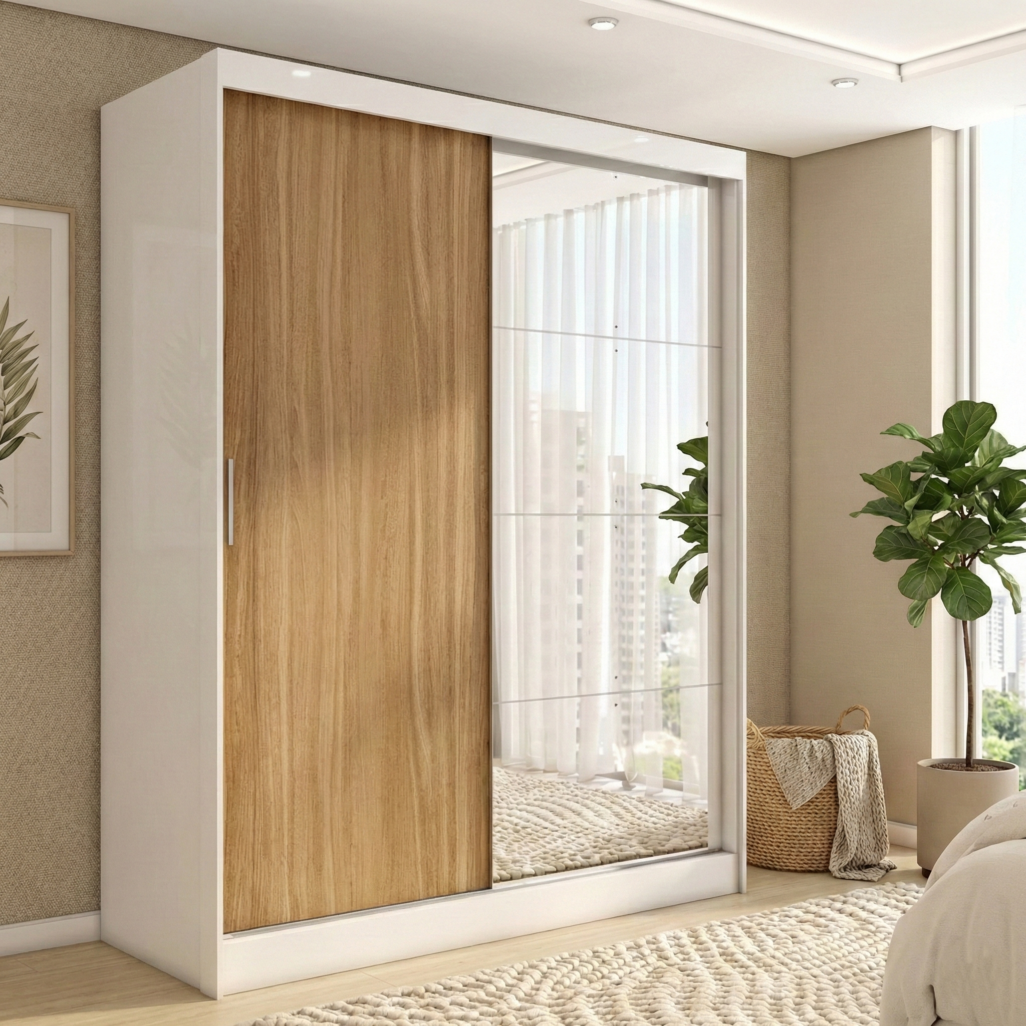 Guarda-Roupa Casal com Espelho Demóbile London 2 Portas de Correr 4 Gavetas 100% MDF Branco