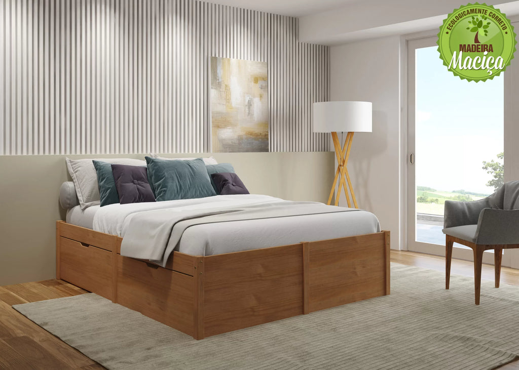 Cama Queen 4 Gavetas Madeira Maciça Beauty Espresso Móveis Marrom/Amêndoa