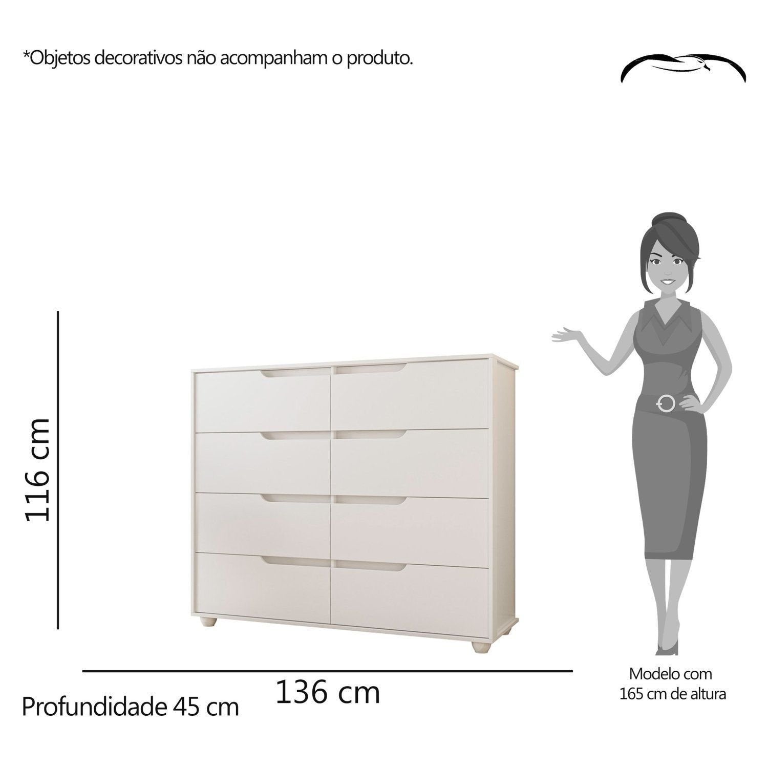 Cômoda 8 Gavetas Doble Albatroz Móveis Branco/Freijó