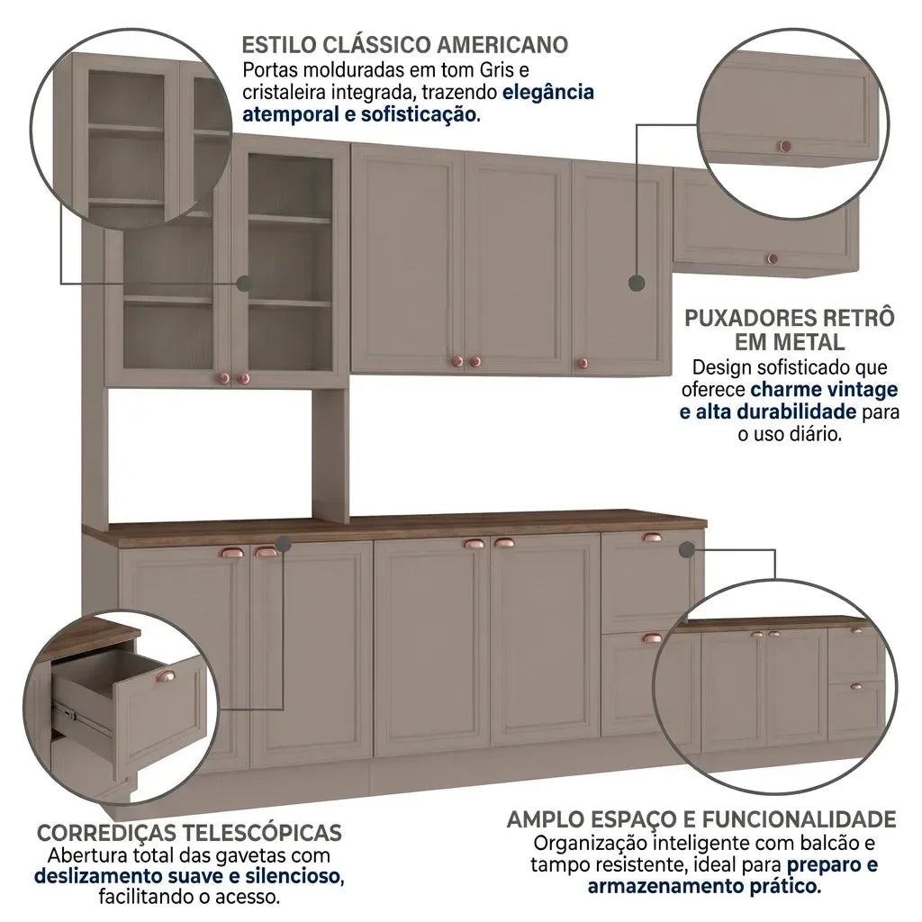 Cozinha Completa Modulada Americana 4 Peças com Paneleiro Torre Quente e Balcão com Tampo Unna Poliman Móveis
