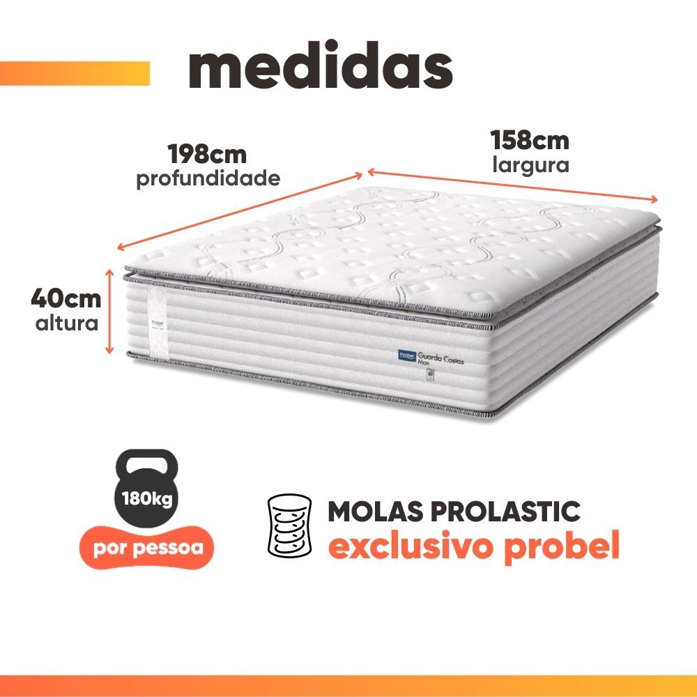 Colchão Queen Molas Guarda Costas Max Pillow Probel Branco/Cinza 158x198x40cm