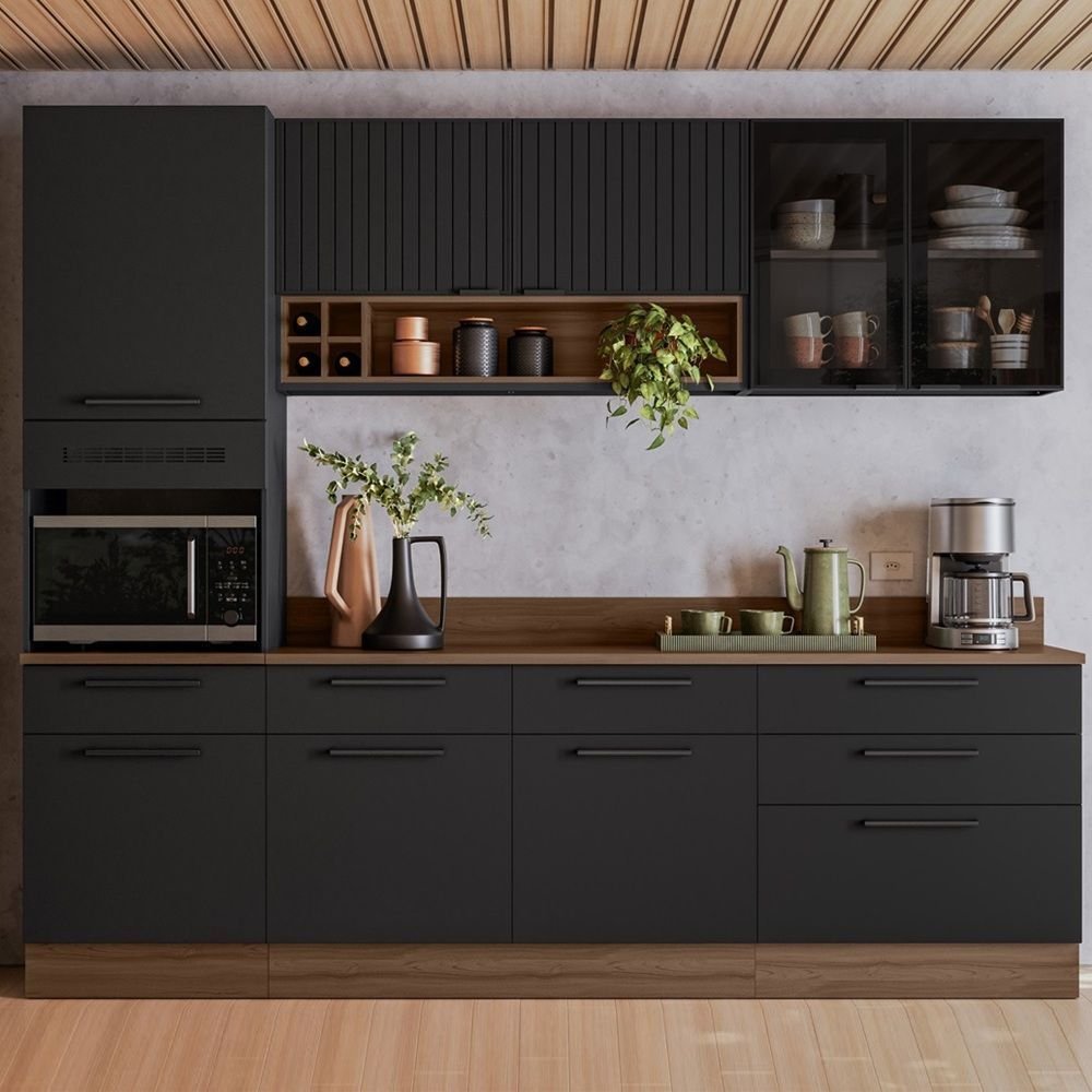 Cozinha Modulada em Aço Exclusive Itatiaia 5 Peças 7 Portas 6 Gavetas Paneleiro Forno Rodapé PVC Preto/Grafite/Matt