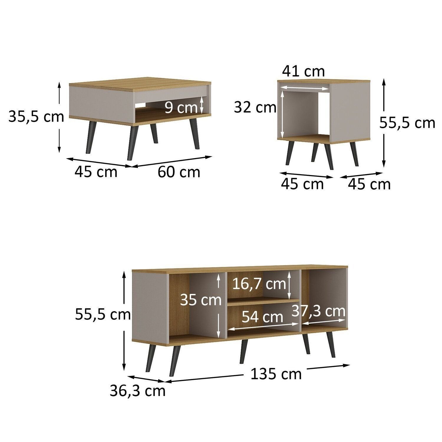 Conjunto Sala de Estar 3 Peças Rack para TV Centro e Mesa de Apoio Tóquio Ozini