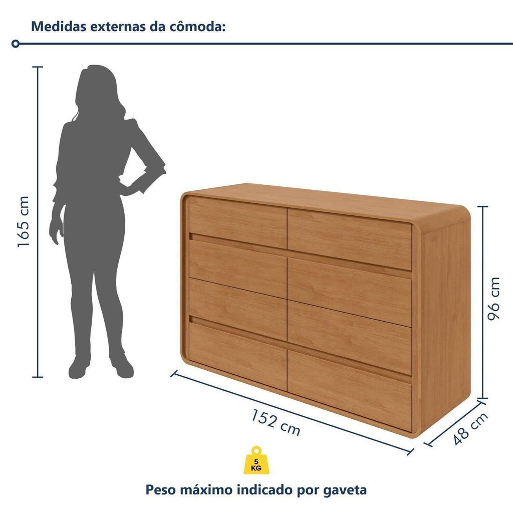 Cômoda para Quarto 8 Gavetas Puxador Embutido Loop 152cm Móveis Lopas