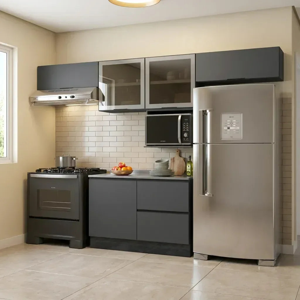 Cozinha Completa Modulada 5 Peças com Nicho para Micro-Ondas e Balcão para Pia sem Tampo Etna Poliman Móveis Grafite/Preto