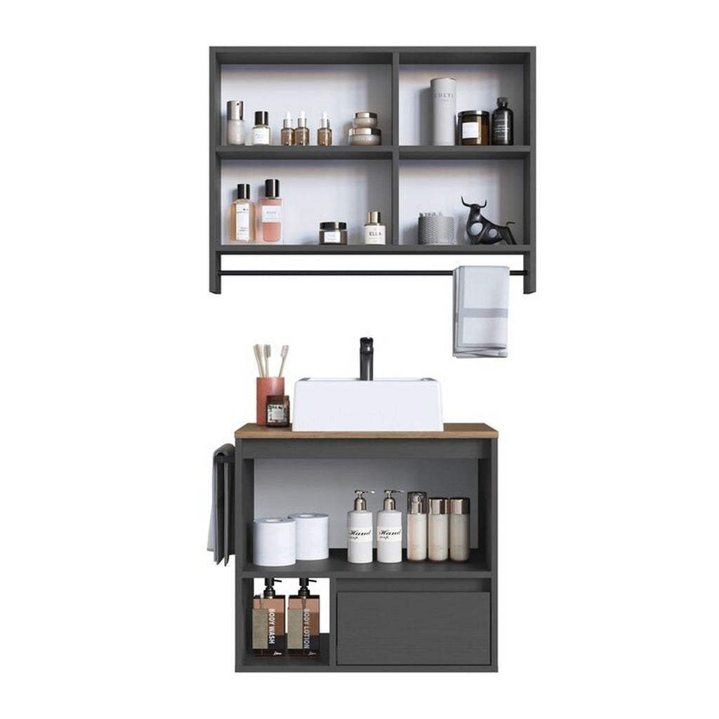 Conjunto para Banheiro Gabinete Suspenso com Cuba e Espelheira Prodecor CJ8050.20 60cm Preto/Mel/Grafite