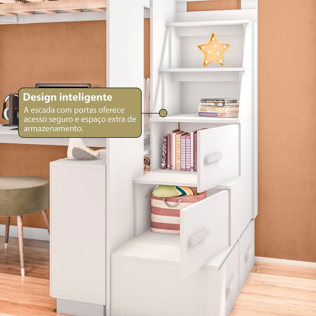Cama Alta Beliche Office Infantil com Roupeiro e Escrivaninha Moon Yescasa Branco