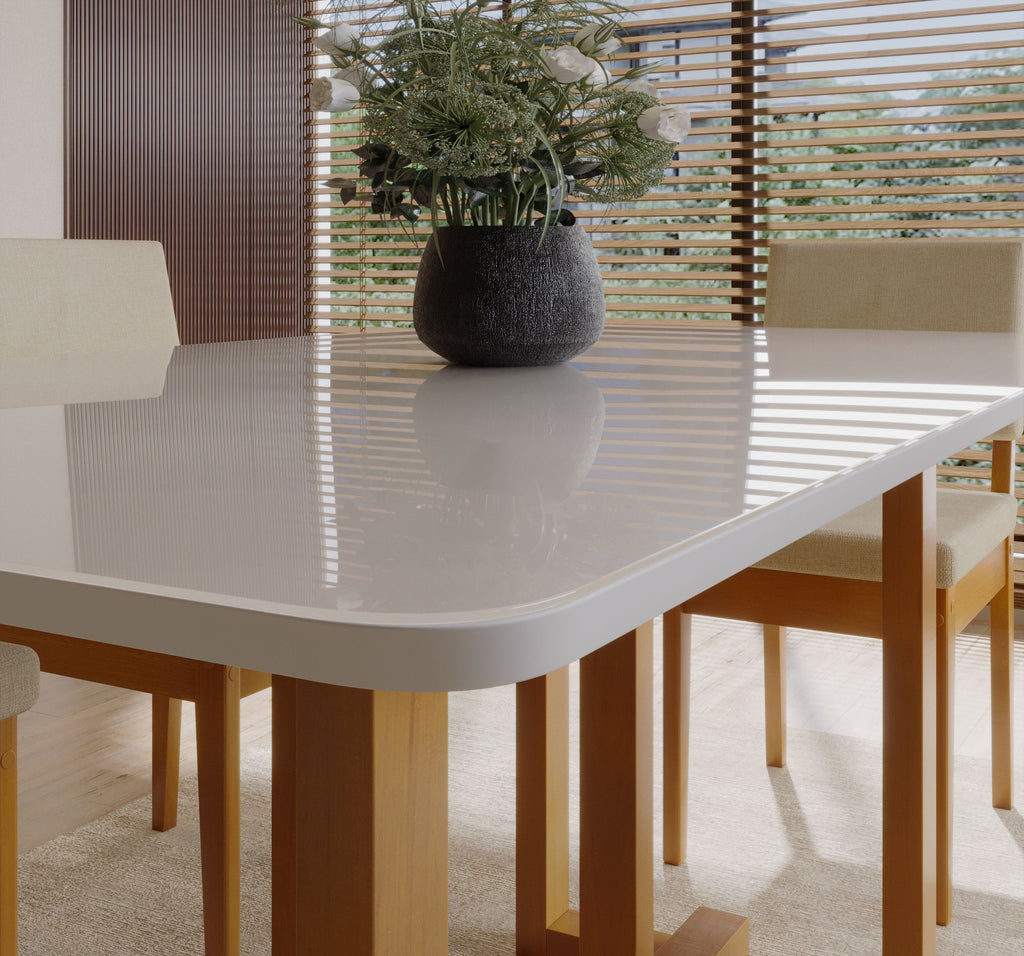 Conjunto Sala de Jantar Filadélfia 6 Cadeiras Tampo de Vidro Madeira Maciça Cerejeira/Palha Móveis Meneghetti 971508