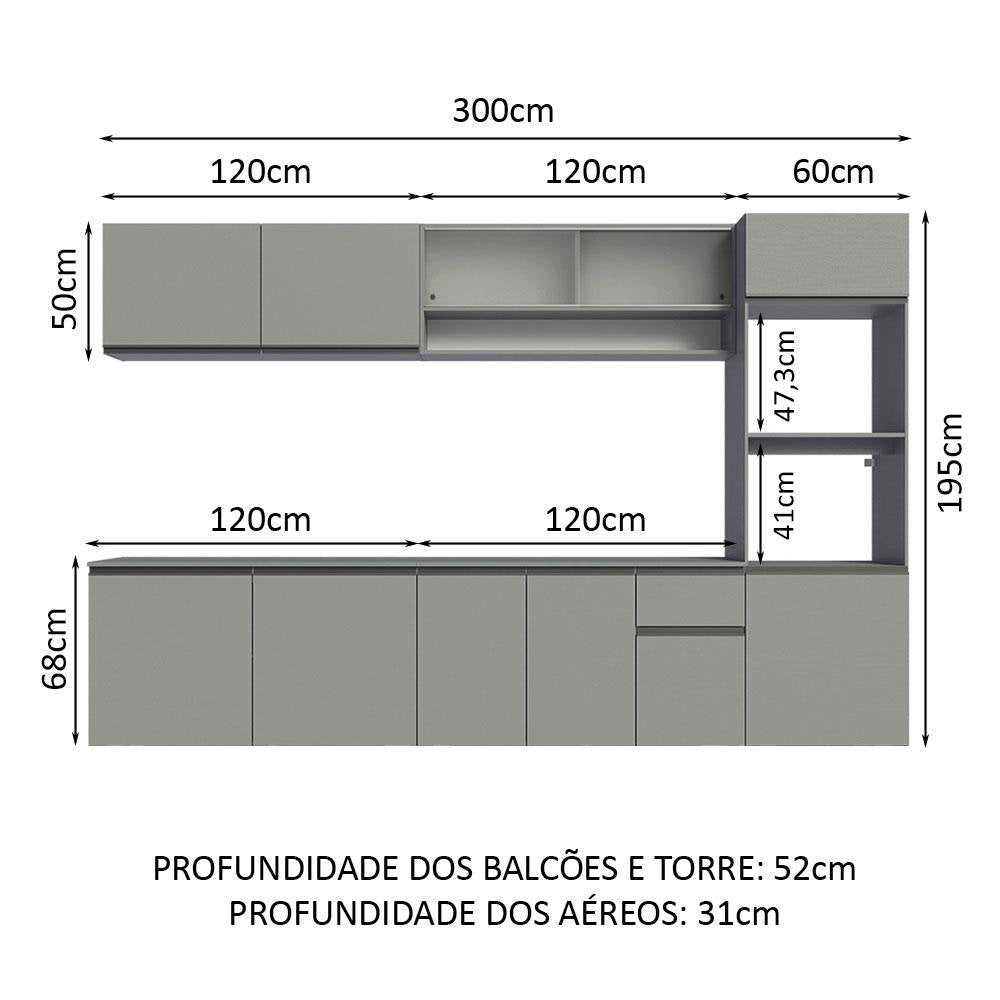 Armário de Cozinha Completa 300cm Suspenso Nice Cinza Madesa 04