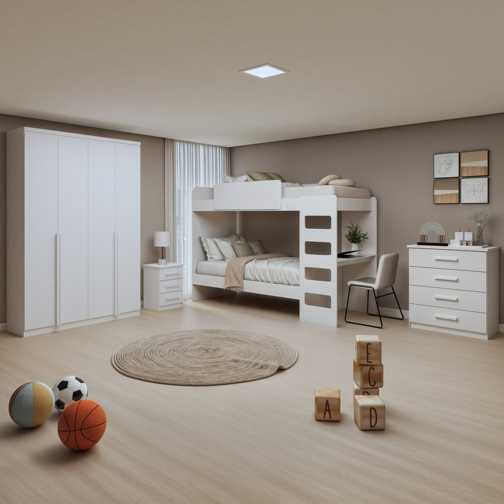 Conjunto Quarto Infantil Completo Beliche Escrivaninha Cômoda e Guarda-Roupa Branco Móveis Lopas