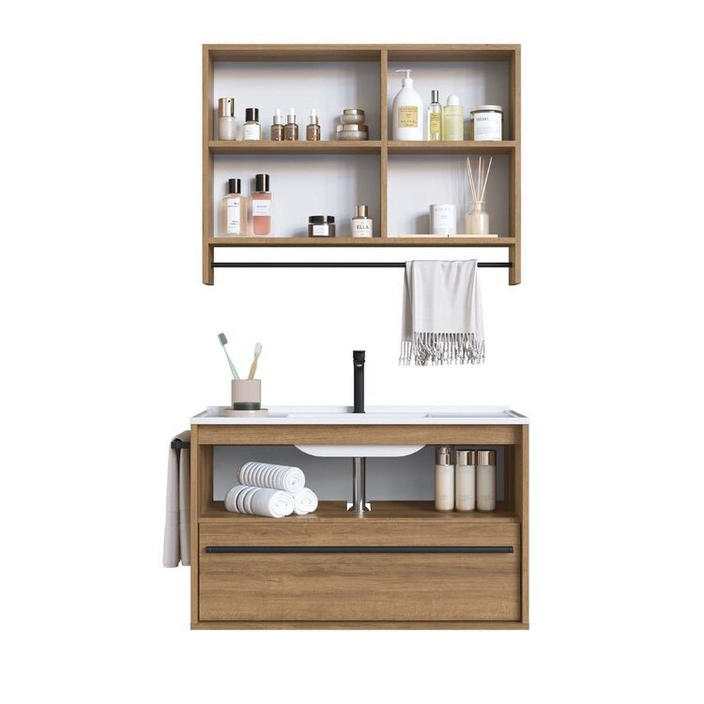 Conjunto para Banheiro Gabinete Suspenso 80cm com Cuba e Espelheira Prodecor CJ8030.20 Marrom/Mel