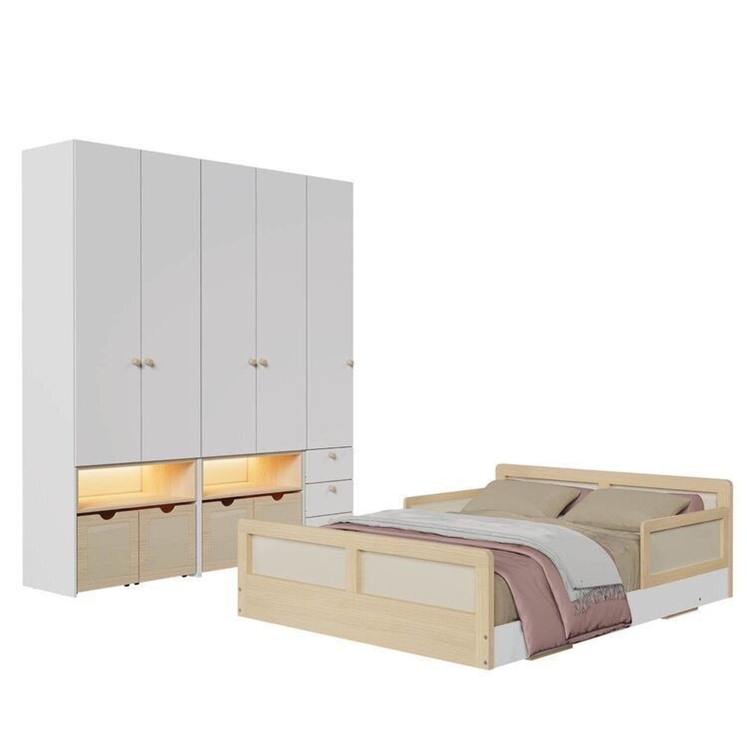 Quarto Infantil Completo Guarda-Roupa Modulado Wave Cama Casal Lift Casatema MadeiraOriginals Branco/Marrom