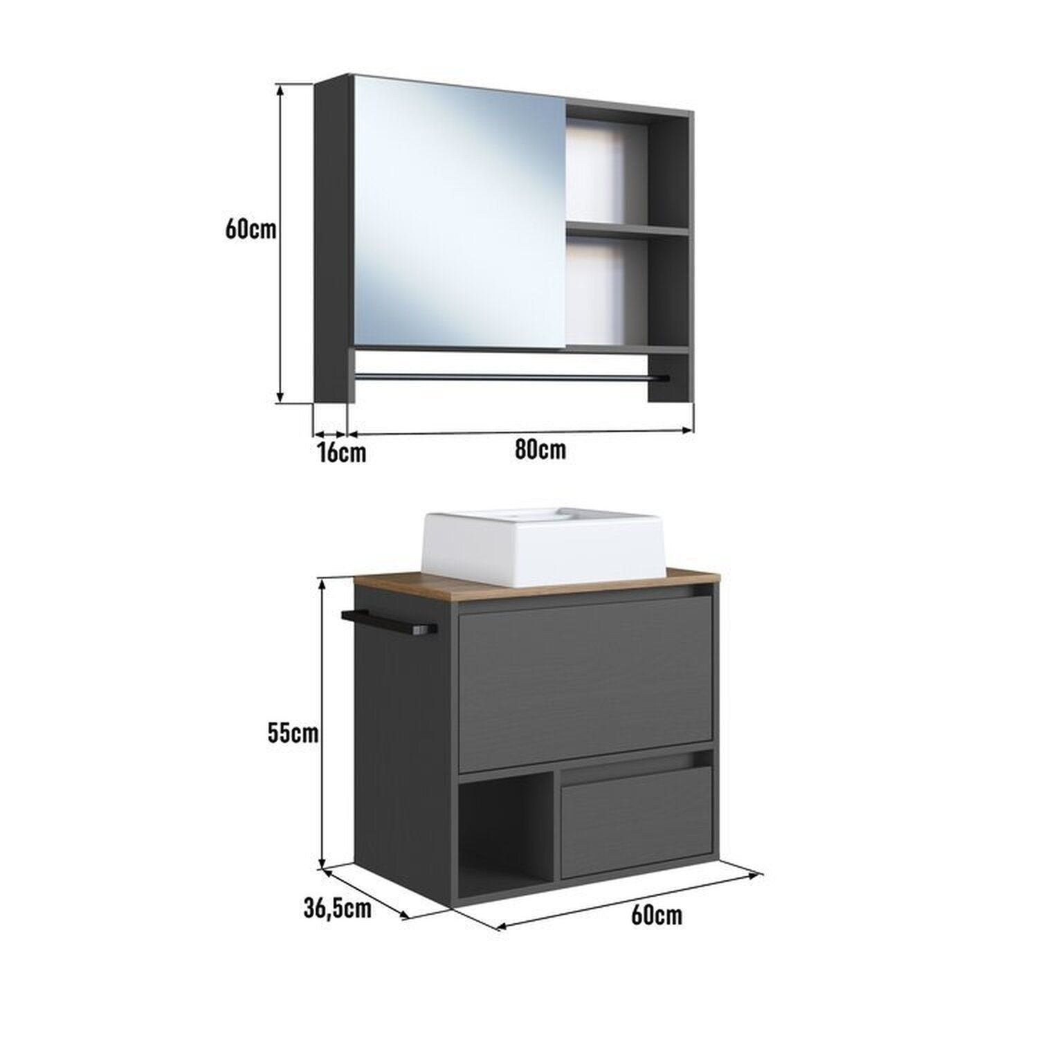 Conjunto para Banheiro Gabinete Suspenso com Cuba e Espelheira Prodecor CJ8050.20 60cm Preto/Mel/Grafite