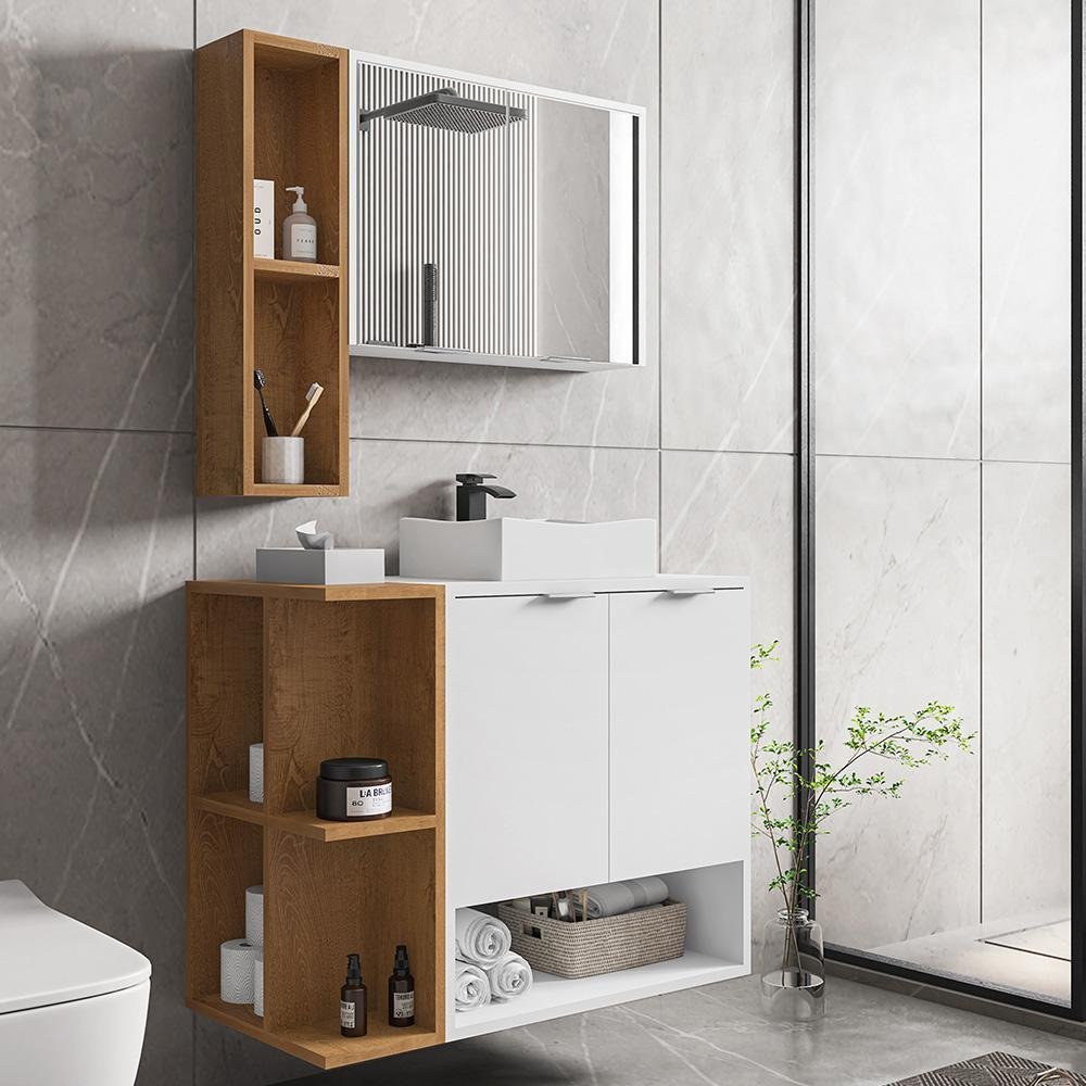 Conjunto para Banheiro Gabinete Suspenso com Cuba e Espelheira Ibiza Móveis Bechara 70cm Branco/Naturalle